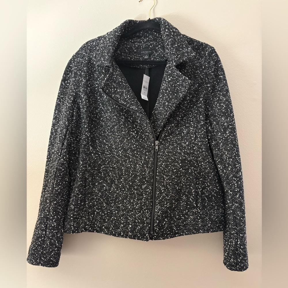 Ann Taylor NWT Black White Nubby Tweed Moto Jacket Size 12 - Picture 2 of 6